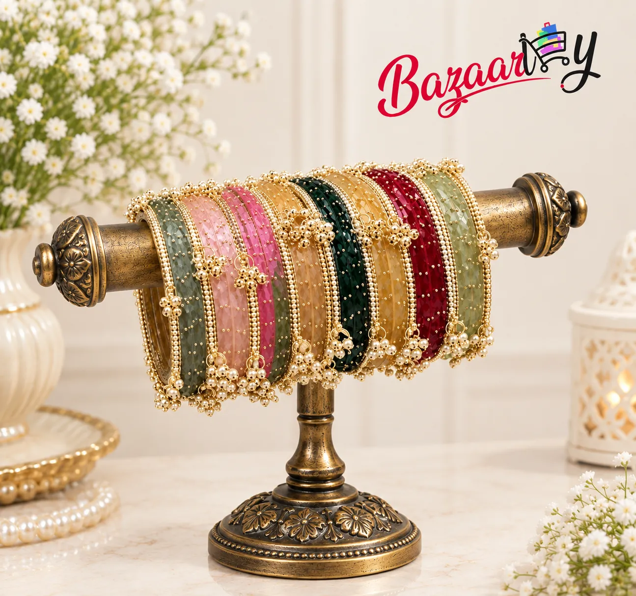 Multicolor Bangles for Women 1 set – Gold Tone Beaded Bridal & Party Wear Bangles